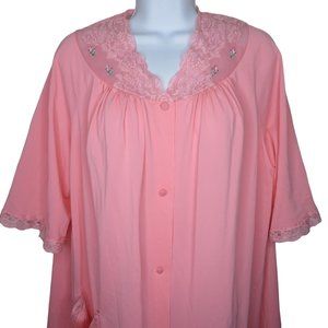Vintage Shadow Line Knee Length Robe Housedress M Pink Nylon Lace Embroidery USA